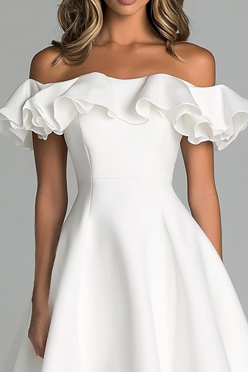 White Off The Shoulder A Line Midi Graduation Dress With Ruffles