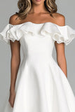 White Off The Shoulder A Line Midi Graduation Dress With Ruffles