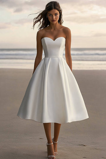 Sweetheart A Line Satin White Midi Graduation Dress