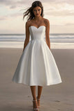 Sweetheart A Line Satin White Midi Graduation Dress