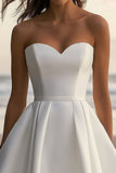 Sweetheart A Line Satin White Midi Graduation Dress