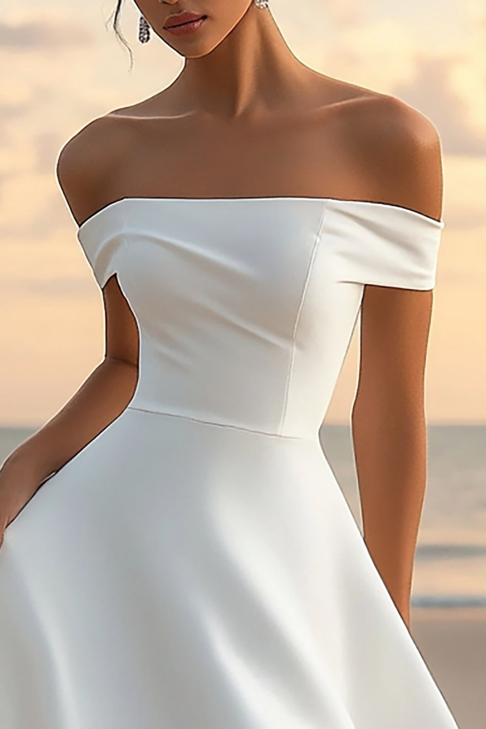 White Off The Shoulder Satin Short A Line Graduation Dress