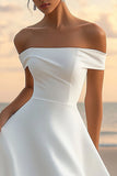 White Off The Shoulder Satin Short A Line Graduation Dress