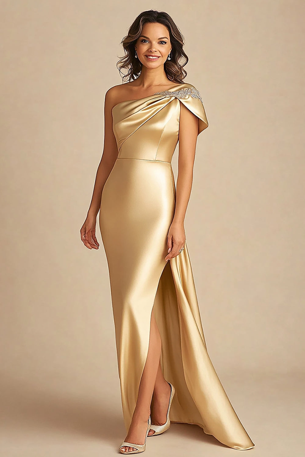 Gold Satin Long One Shoulder Mother Of Bride Dress with Slit