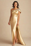 Gold Satin Long One Shoulder Mother Of Bride Dress with Slit