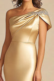 Gold Satin Long One Shoulder Mother Of Bride Dress with Slit