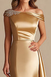 Gold One Shoulder Satin Long Sheath Mother Of Bride Dress