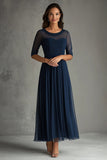Navy Chiffon A Line Half Sleeves Pleated Long Mother Of Bride Dress