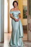 Mint Satin Sheath Off The Shoulder Long Mother Of Bride Dress