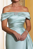 Mint Satin Sheath Off The Shoulder Long Mother Of Bride Dress