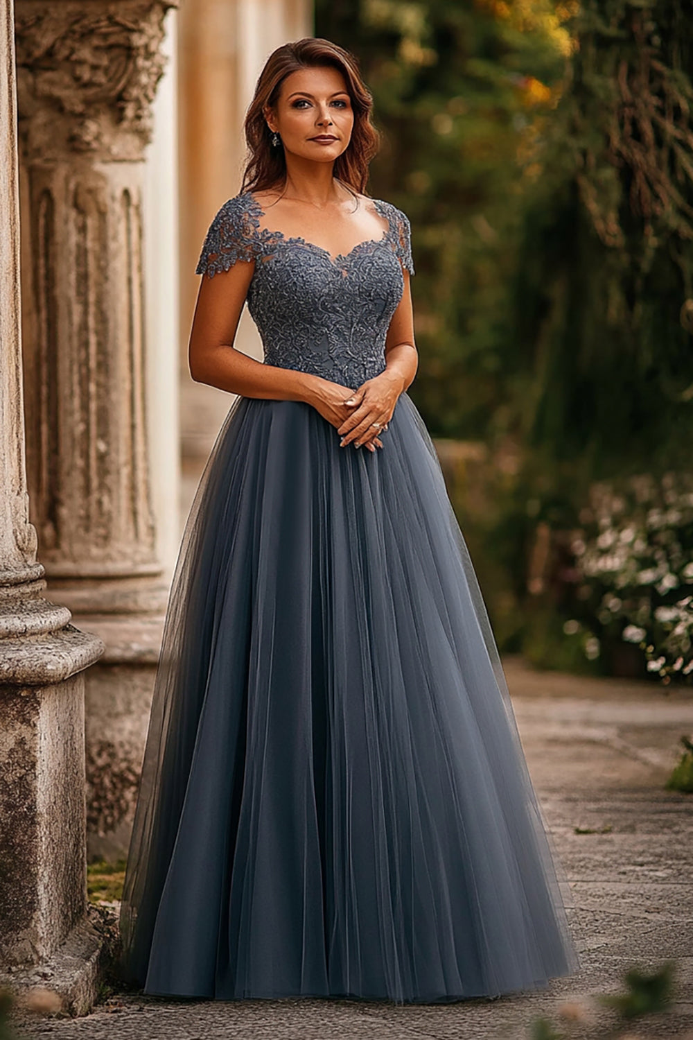 Grey Blue Tulle Long A Line Cap Sleeves Pleated Mother Of Bride Dress