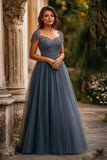 Grey Blue Tulle Long A Line Cap Sleeves Pleated Mother Of Bride Dress