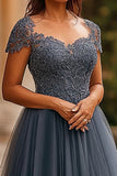 Grey Blue Tulle Long A Line Cap Sleeves Pleated Mother Of Bride Dress