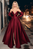 Burgundy Satin Ruched A Line Long Formal Dress with Detachable Sleeves