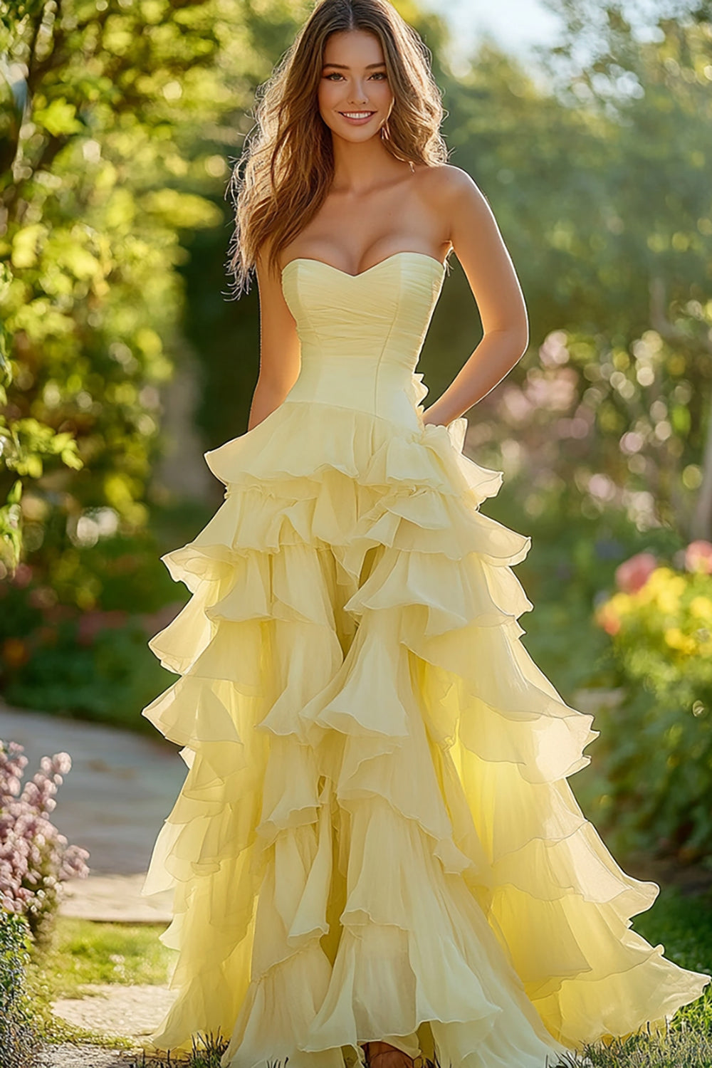 Daffodil Ball Gown Chiffon Ruffled Tiered Sweetheart Long Formal Dress