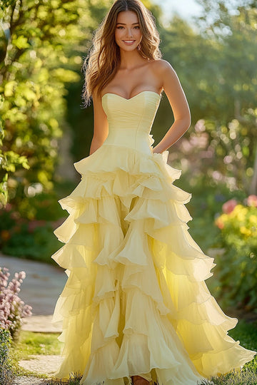 Daffodil Ball Gown Chiffon Ruffled Tiered Sweetheart Long Formal Dress