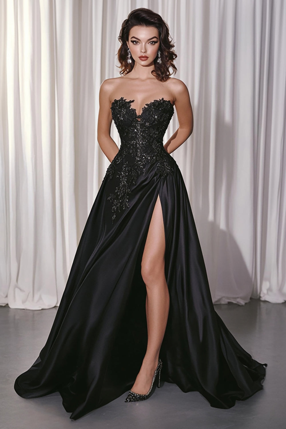 Black A Line Satin Sweetheart Long Formal Dress with Appliques