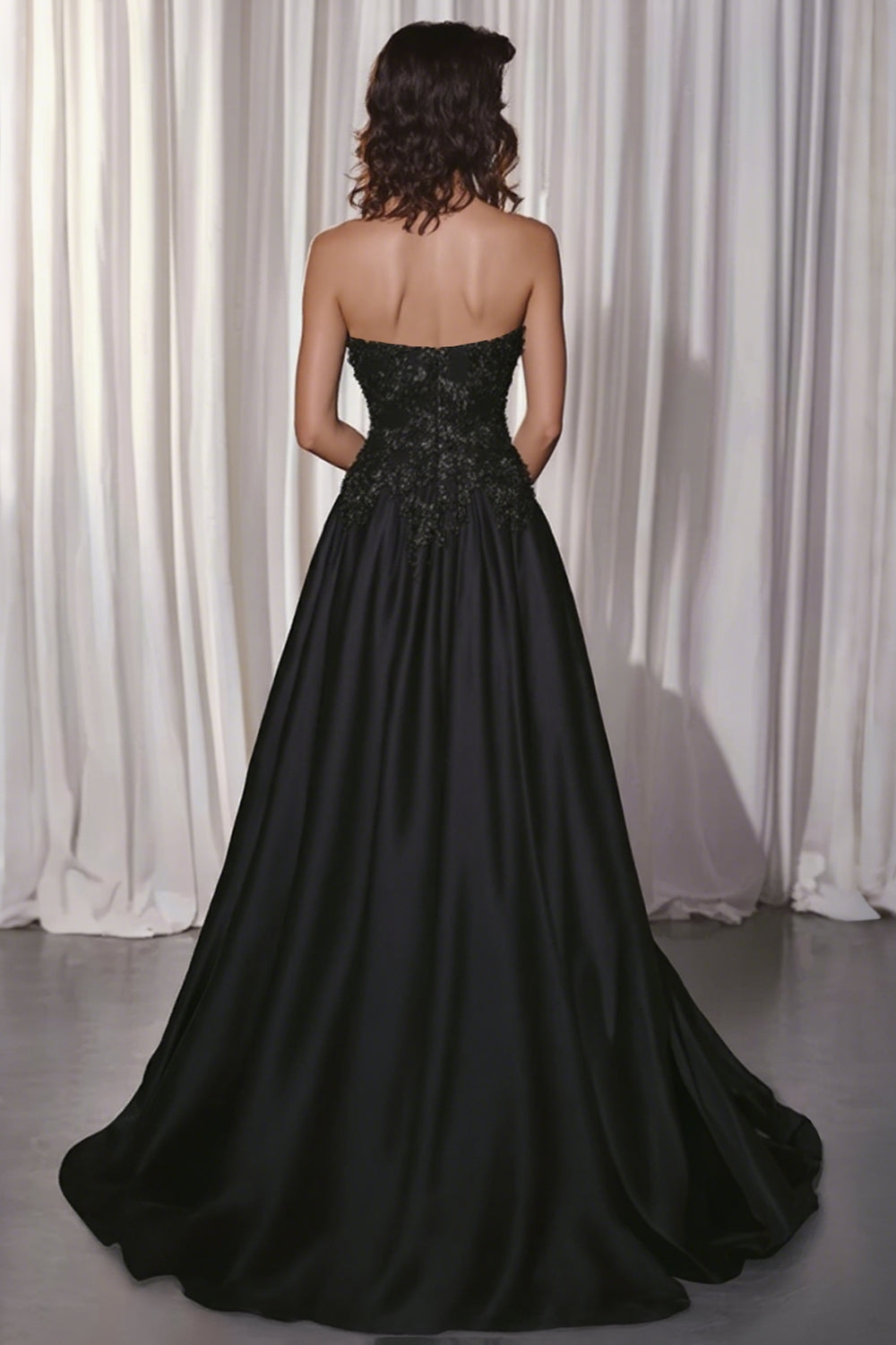 Black A Line Satin Sweetheart Long Formal Dress with Appliques