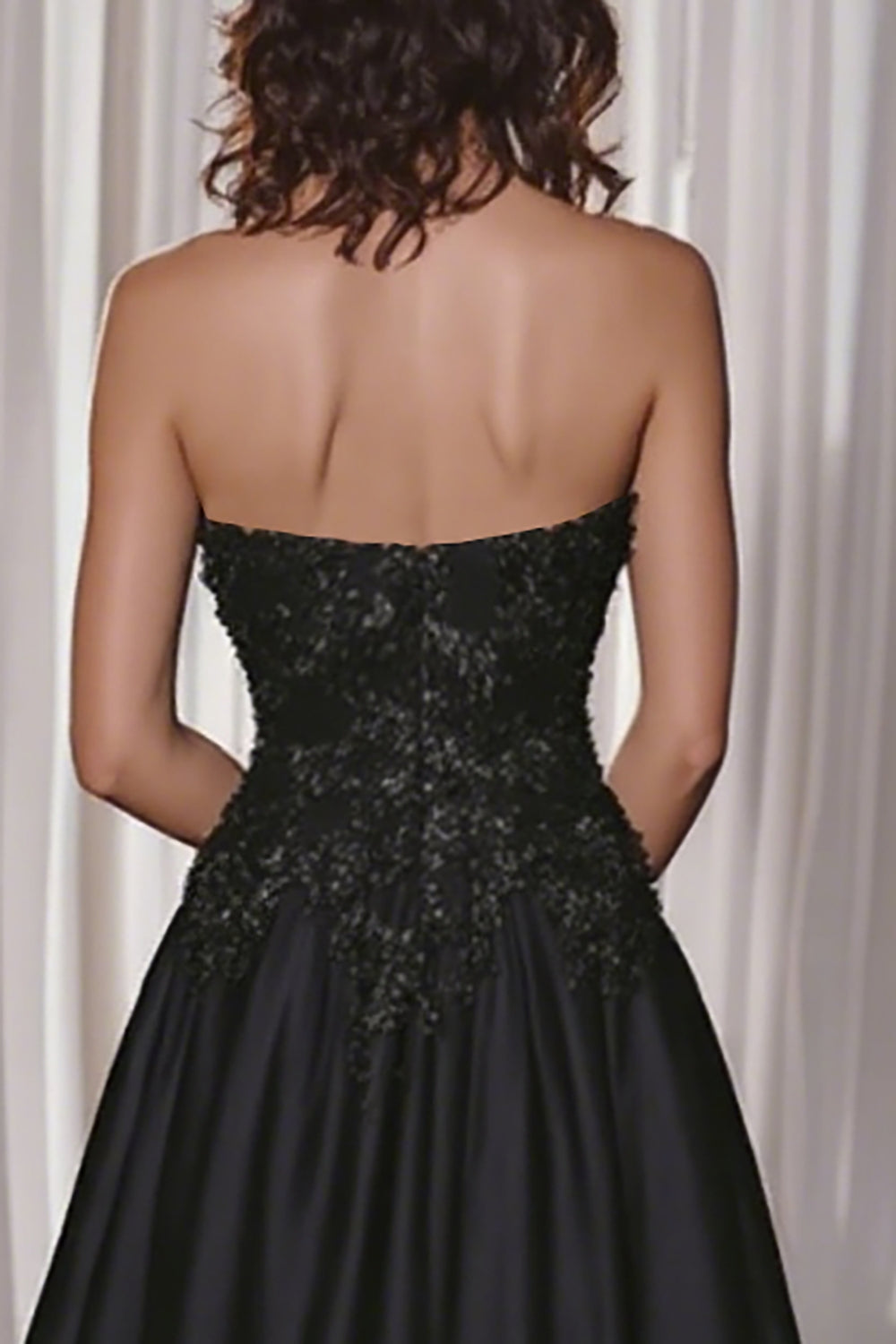 Black A Line Satin Sweetheart Long Formal Dress with Appliques