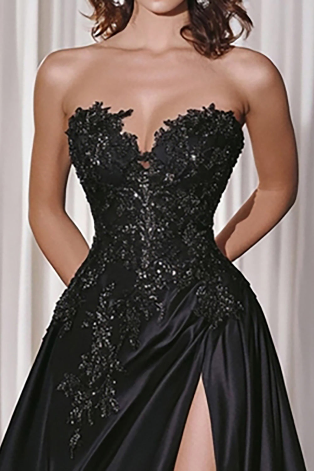 Black A Line Satin Sweetheart Long Formal Dress with Appliques