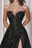 Black A Line Satin Sweetheart Long Formal Dress with Appliques
