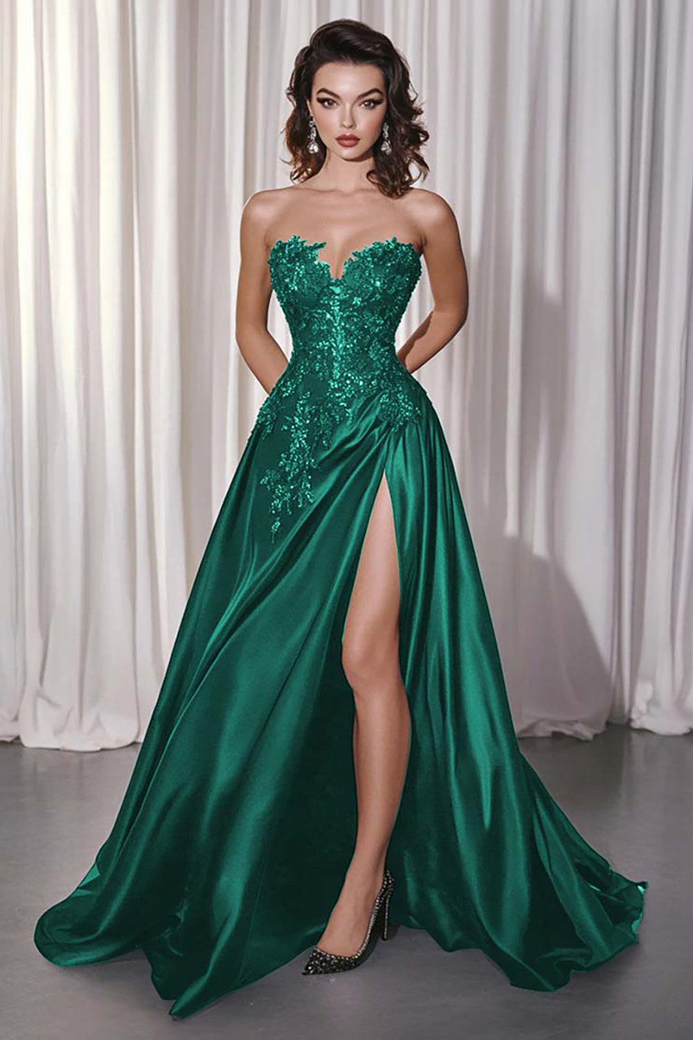 Black A Line Satin Sweetheart Long Formal Dress with Appliques