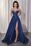 Black A Line Satin Sweetheart Long Formal Dress with Appliques