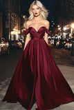 Burgundy Ball Gown Satin Off The Shoulder Long Formal Dress