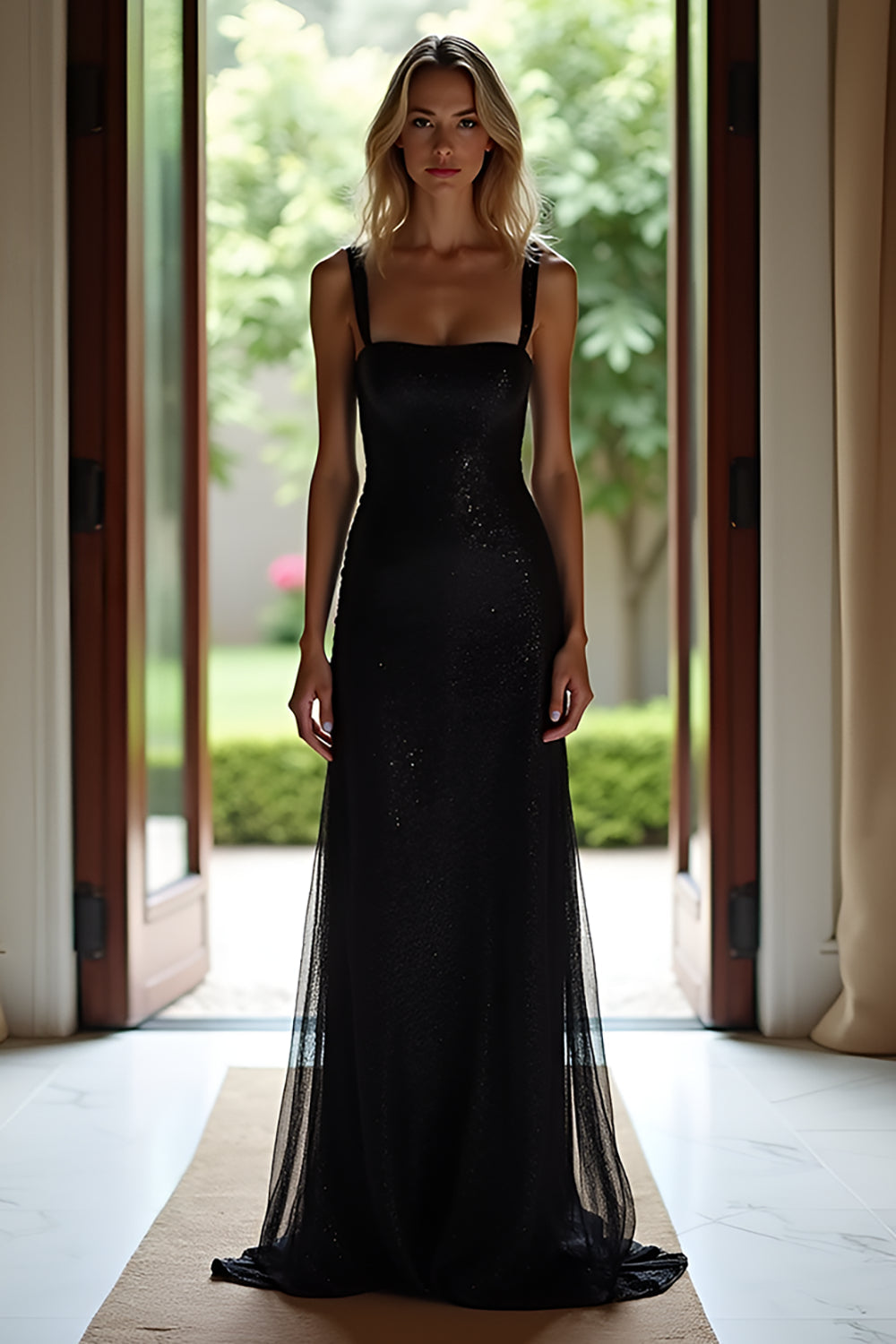 Sparkly Black Sheath Square Neck Long Formal Dress with Sequins