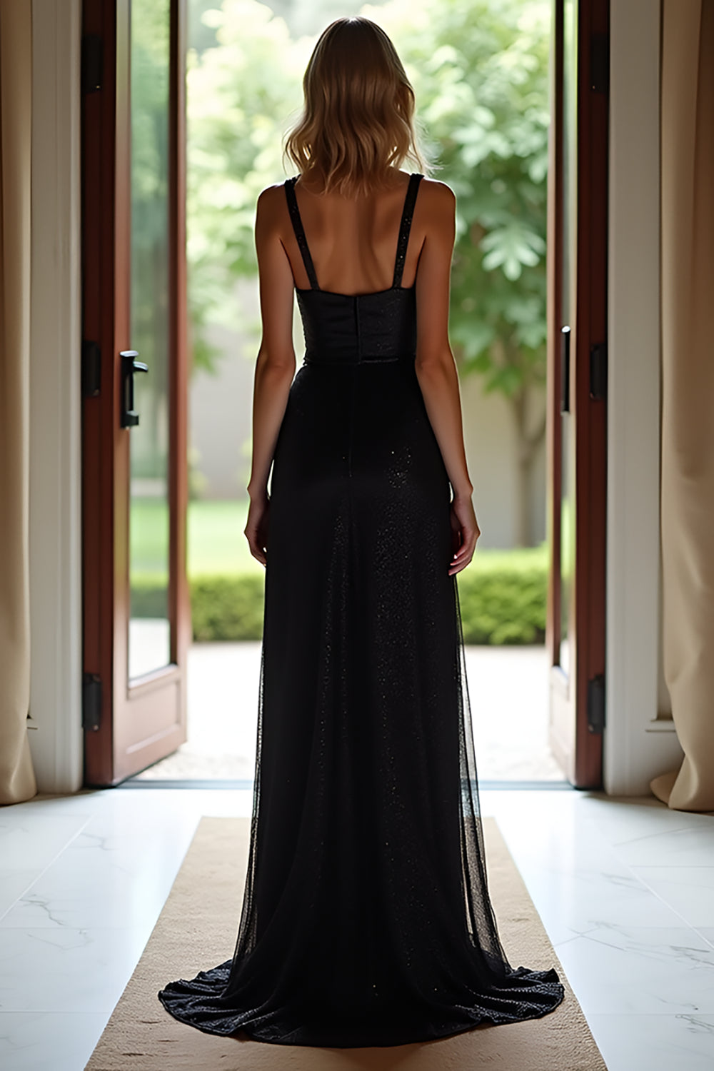 Sparkly Black Sheath Square Neck Long Formal Dress with Sequins