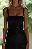 Sparkly Black Sheath Square Neck Long Formal Dress with Sequins