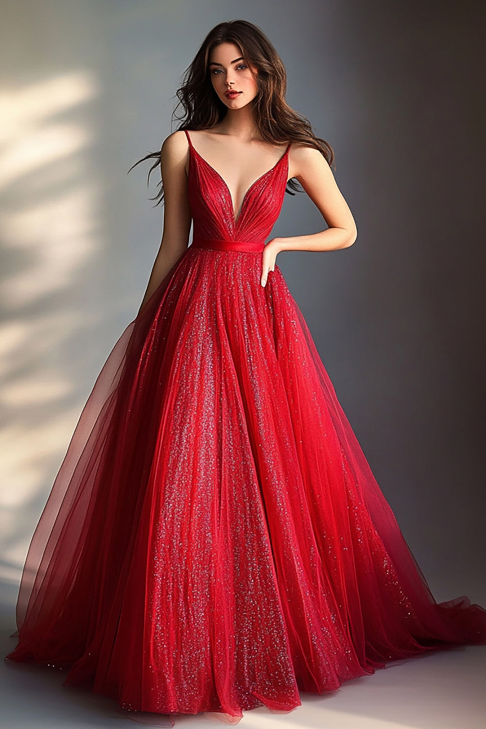 Sparkly Red A Line Spaghetti Straps Long Formal Dress With Sequins