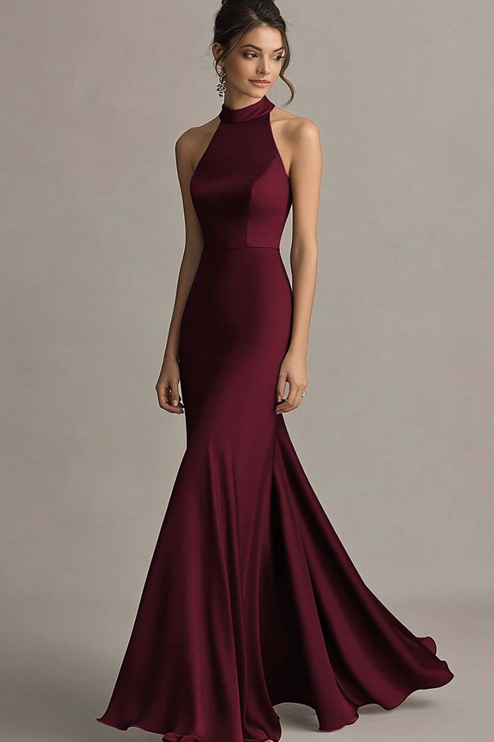Simple Coffee Satin Mermaid Halter Long Formal Dress