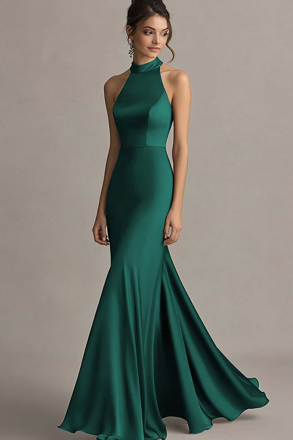 Simple Coffee Satin Mermaid Halter Long Formal Dress