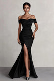 Black Satin Mermaid Off the Shoulder Long Formal Dress with Slit