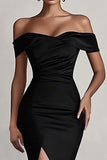 Black Satin Off the Shoulder Long Mermaid Formal Dress with Slit