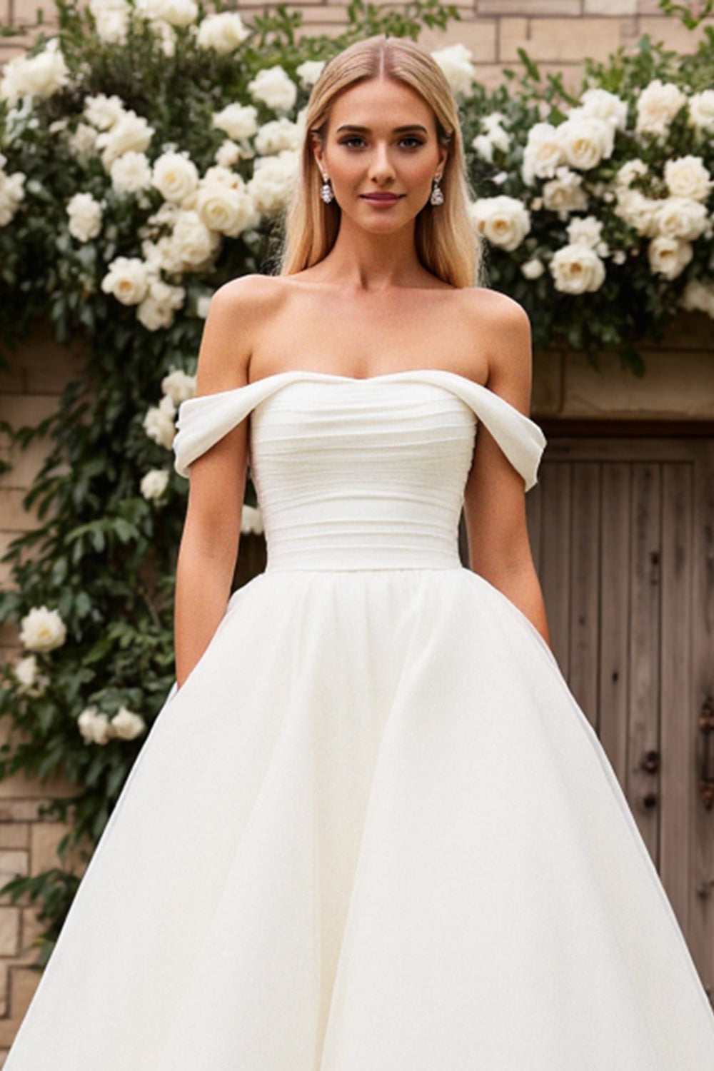 Ivory Tulle Off the Shoulder A Line Sweep Train Wedding Dress