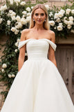 Ivory Tulle Off the Shoulder A Line Sweep Train Wedding Dress