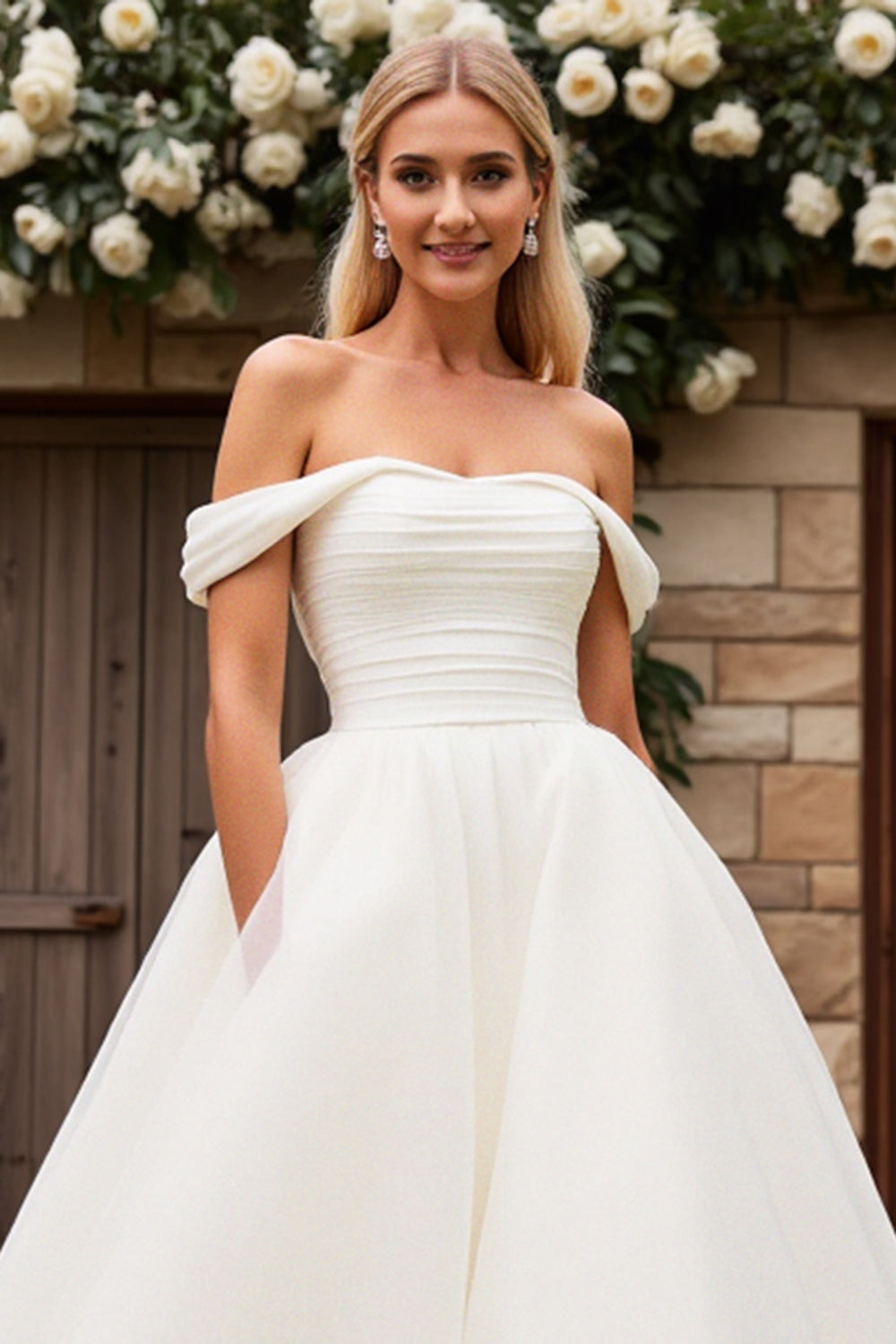 Ivory Tulle Off the Shoulder A Line Sweep Train Wedding Dress