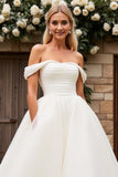 Ivory Tulle Off the Shoulder A Line Sweep Train Wedding Dress