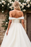 Ivory Tulle Off the Shoulder A Line Sweep Train Wedding Dress
