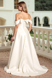 Ivory Satin Off the Shoulder Sweep Train Wedding Dress with Bow