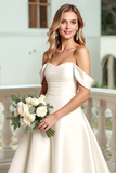 Ivory Satin Off the Shoulder Sweep Train Wedding Dress with Bow