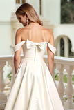 Ivory Satin Off the Shoulder Sweep Train Wedding Dress with Bow
