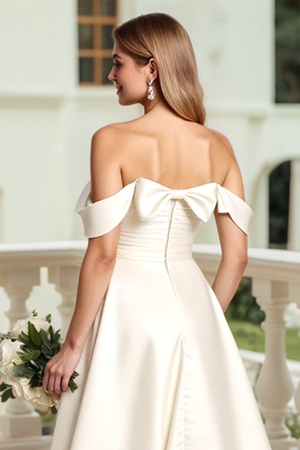 Ivory Satin Off the Shoulder Sweep Train Wedding Dress with Bow