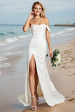 Ivory Satin One Shoulder Sweep Train Boho Wedding Dress with Slit