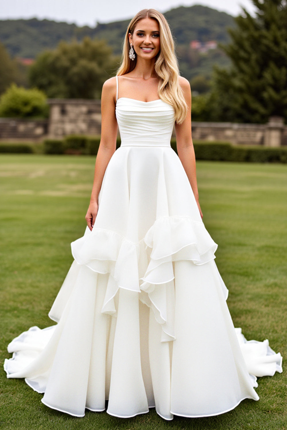 Ivory Chiffon Square Sweep Train Boho Wedding Dress with Ruffles