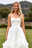 Ivory Chiffon Square Sweep Train Boho Wedding Dress with Ruffles