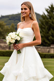Ivory Chiffon Square Sweep Train Boho Wedding Dress with Ruffles