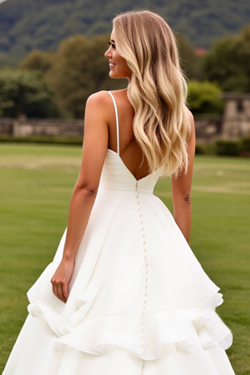 Ivory Chiffon Square Sweep Train Boho Wedding Dress with Ruffles
